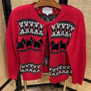 Susan Bristol Red Knit Cardigan with Black Scotty Dog Motif